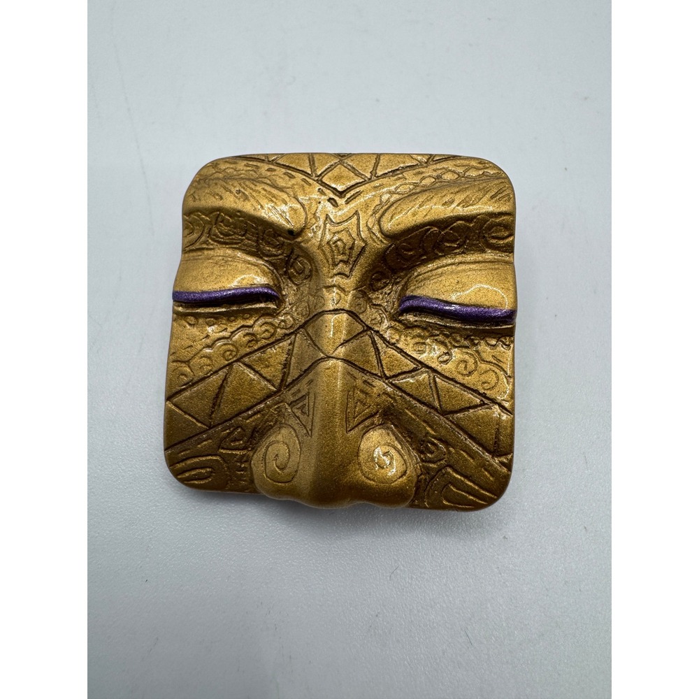 Vintage Gold Tribal Mask Face Brooch Square Artistic Statement Pin Purple Detail